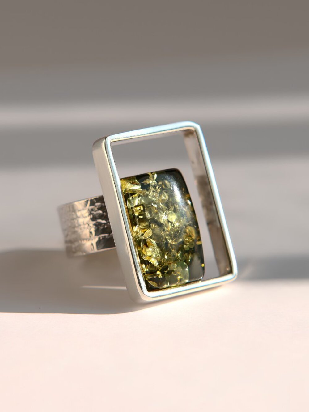 Green Baltic Amber Modern Cut Ring in Sterling Silver